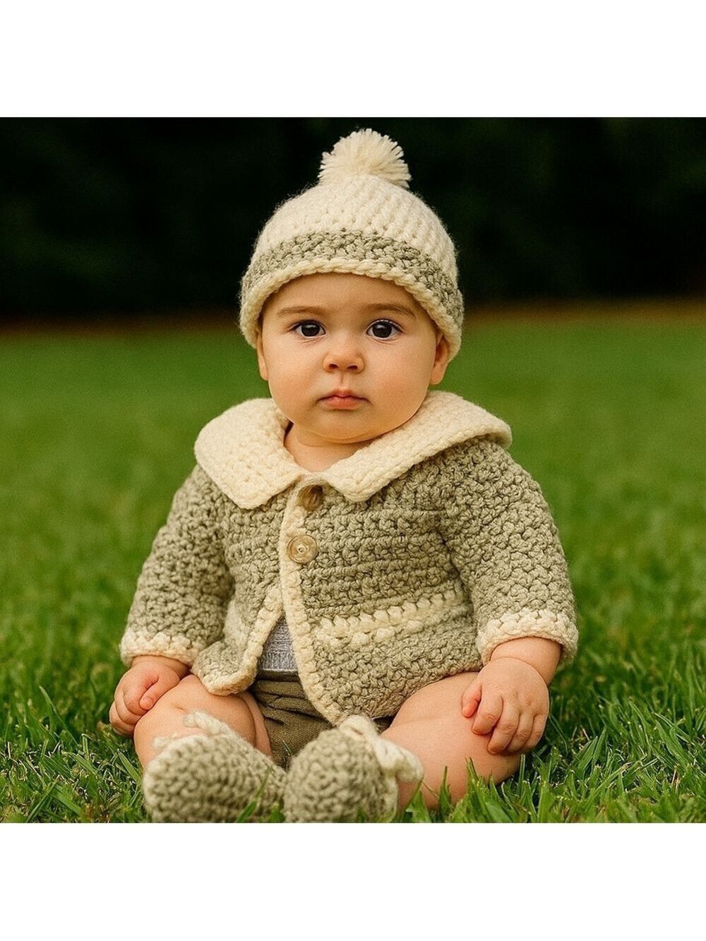 Hand Knit Crochet Sweater Hat Booties Set White Gray